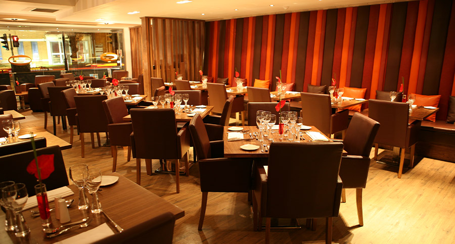 hotel restaurant interior with tables and chairs