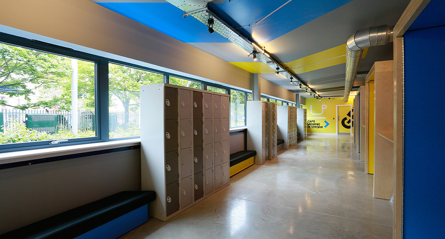 leisure centre changing room corridor with lockers