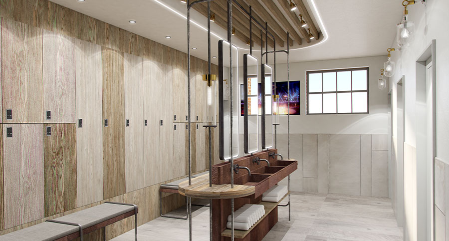 gym locker room interior design with wooden panelling and sinks