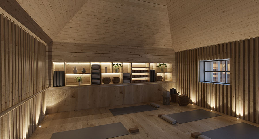 spa studio interior design with wooden panelling and floor lighting