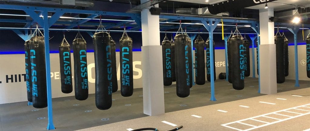 large gym room with punchbags