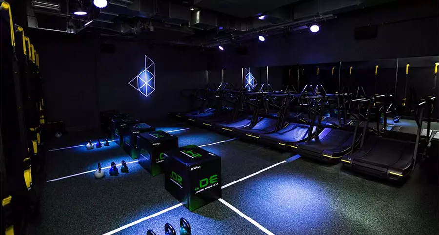 fitness studio design dark lighting