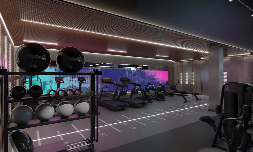 fitness studio design with treadmills and exercise balls