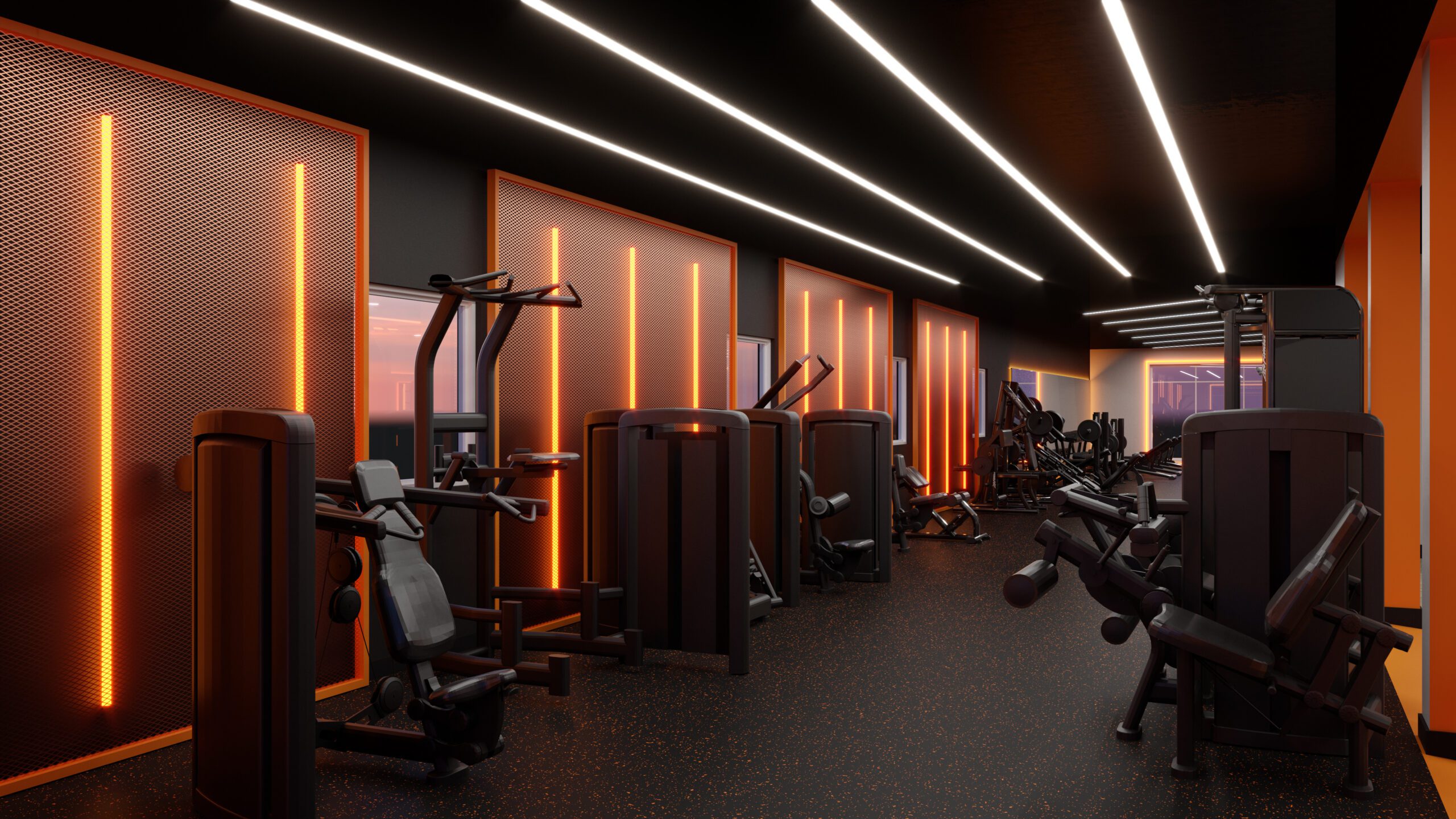 Fusion gym interior design and architecture with equipment