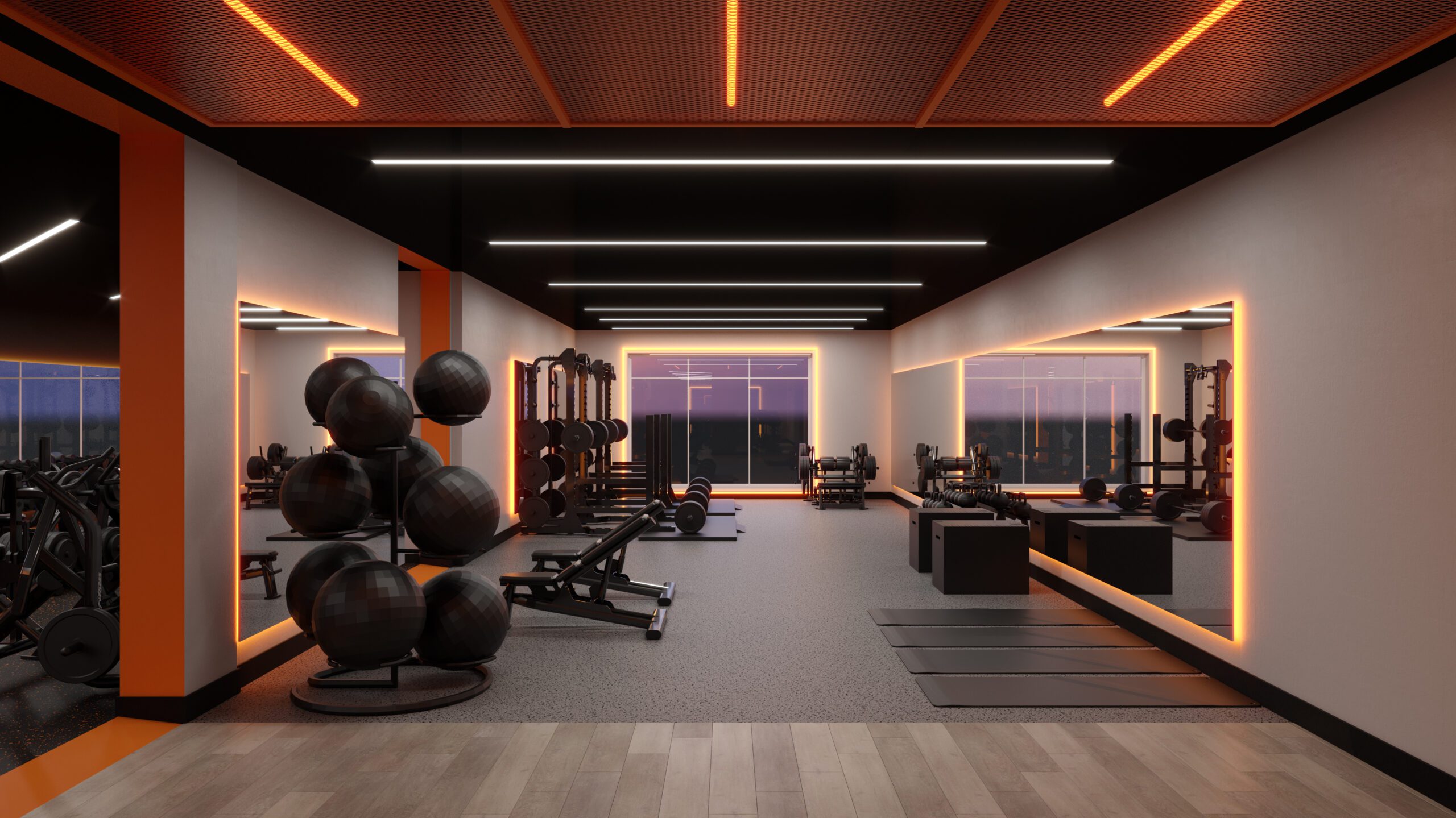 gym interior design and architecture with mirrors and LED