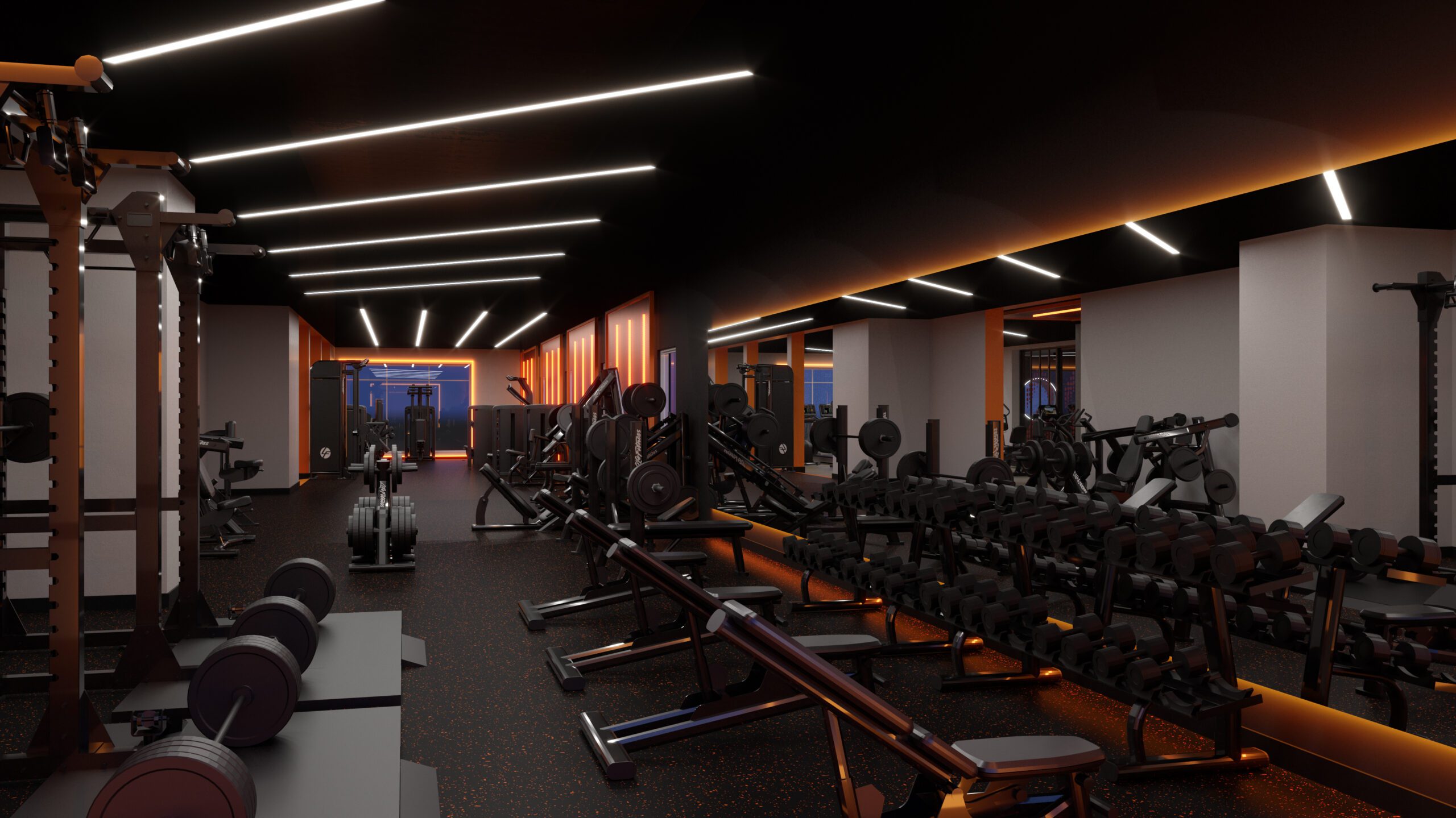 gym design and architecture with equipment segmentation and lighting