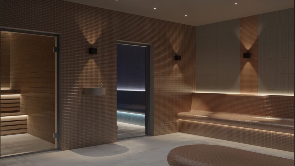 Health suite design woth steam, sauna, and ice.