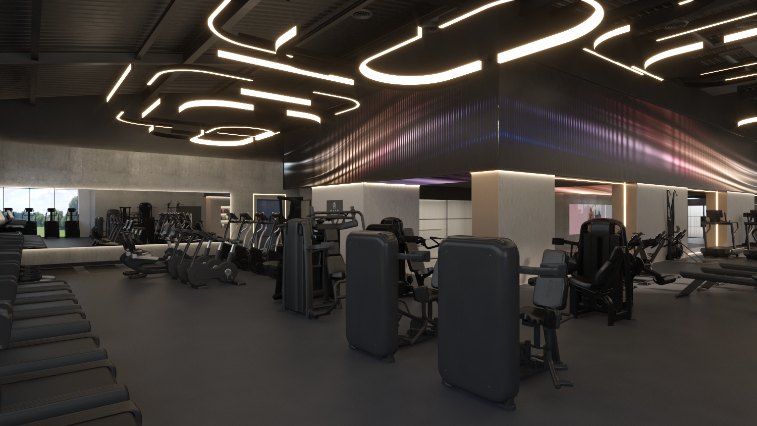 cardio and strength gym design with retail space and hanging lighting