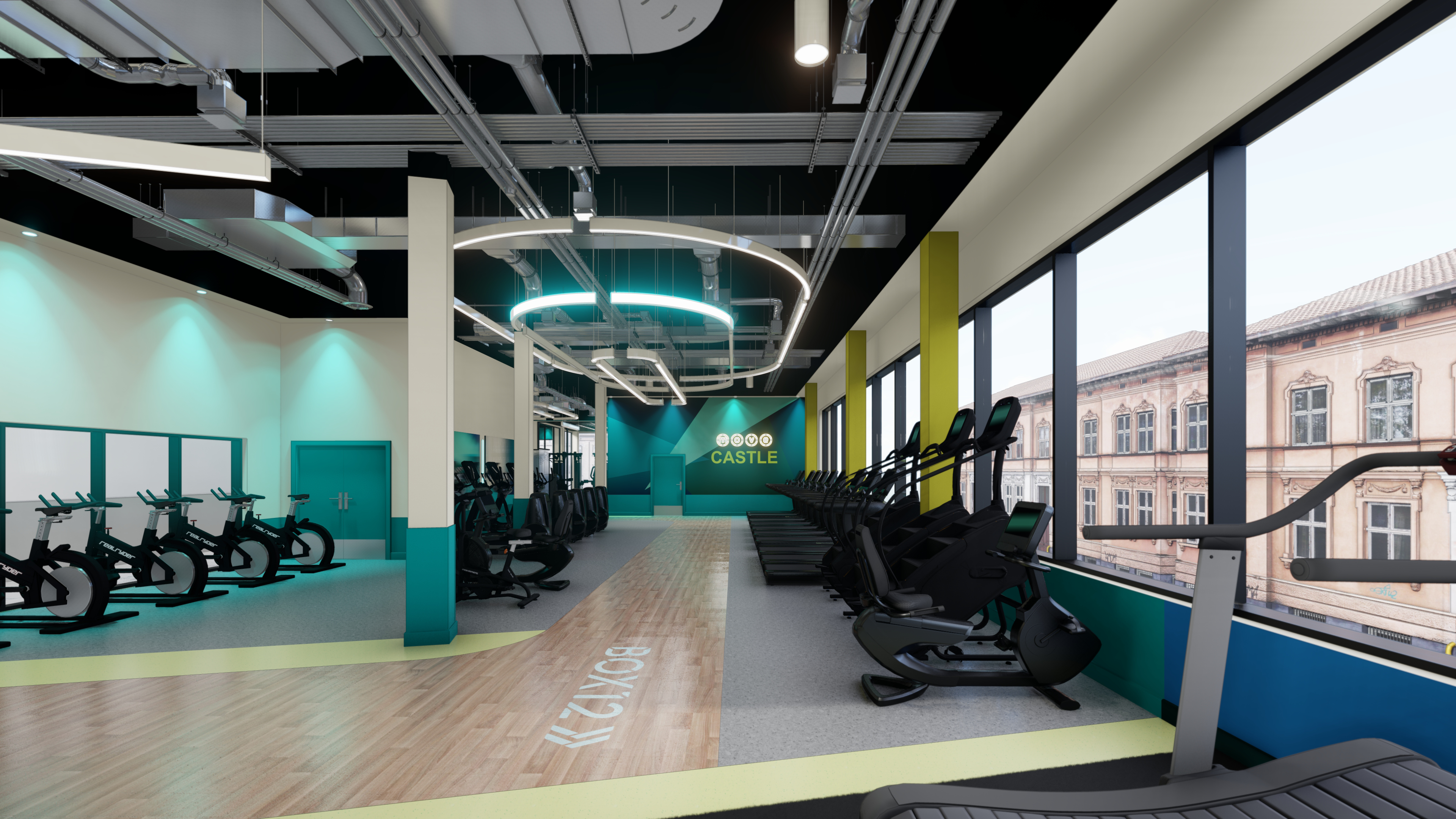 Southwark Castle Leisure Centre gym interior design cardio zone with treadmills and bikes