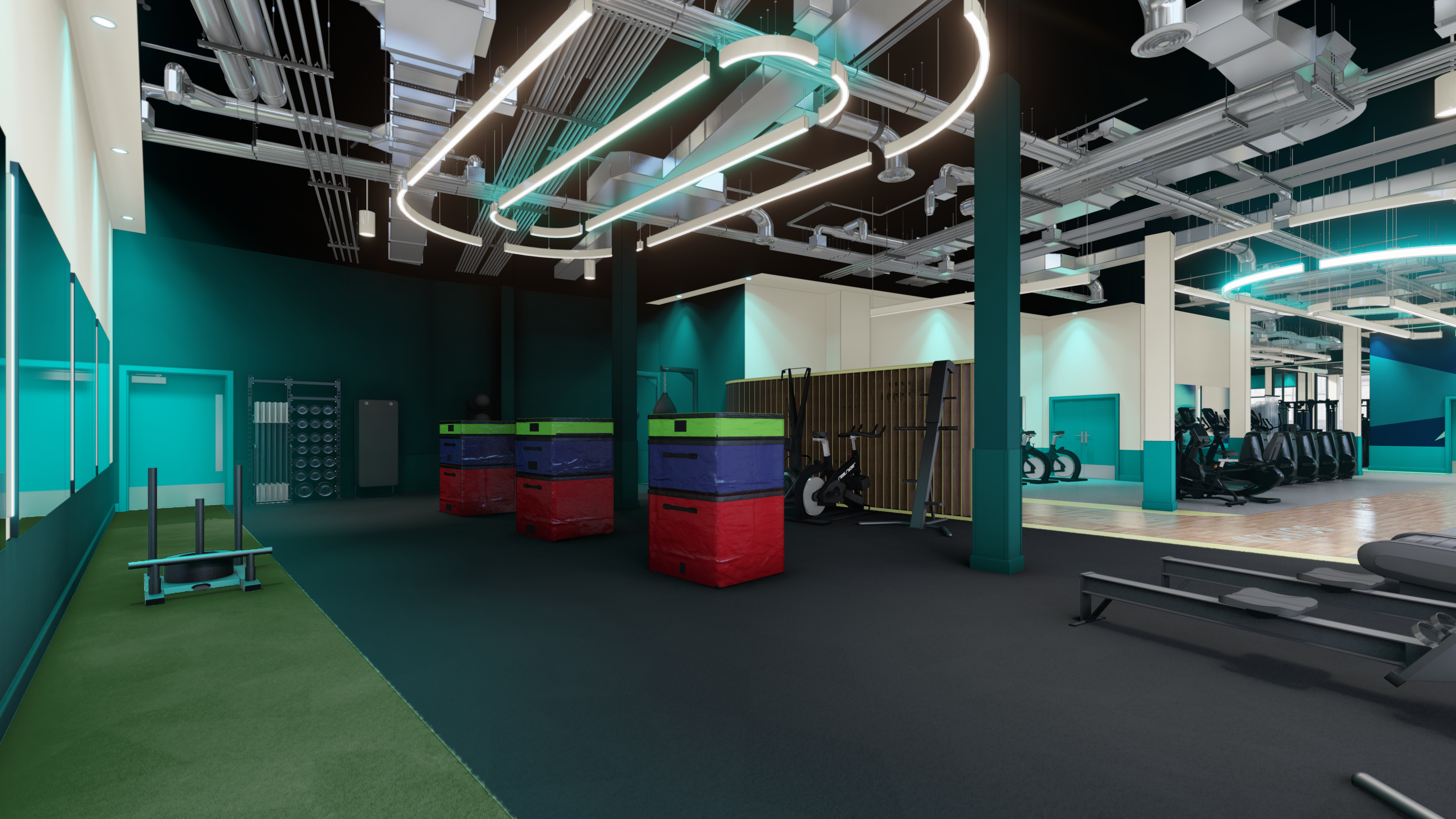 Leisure centre interior design with functional zone under blue ring lighting