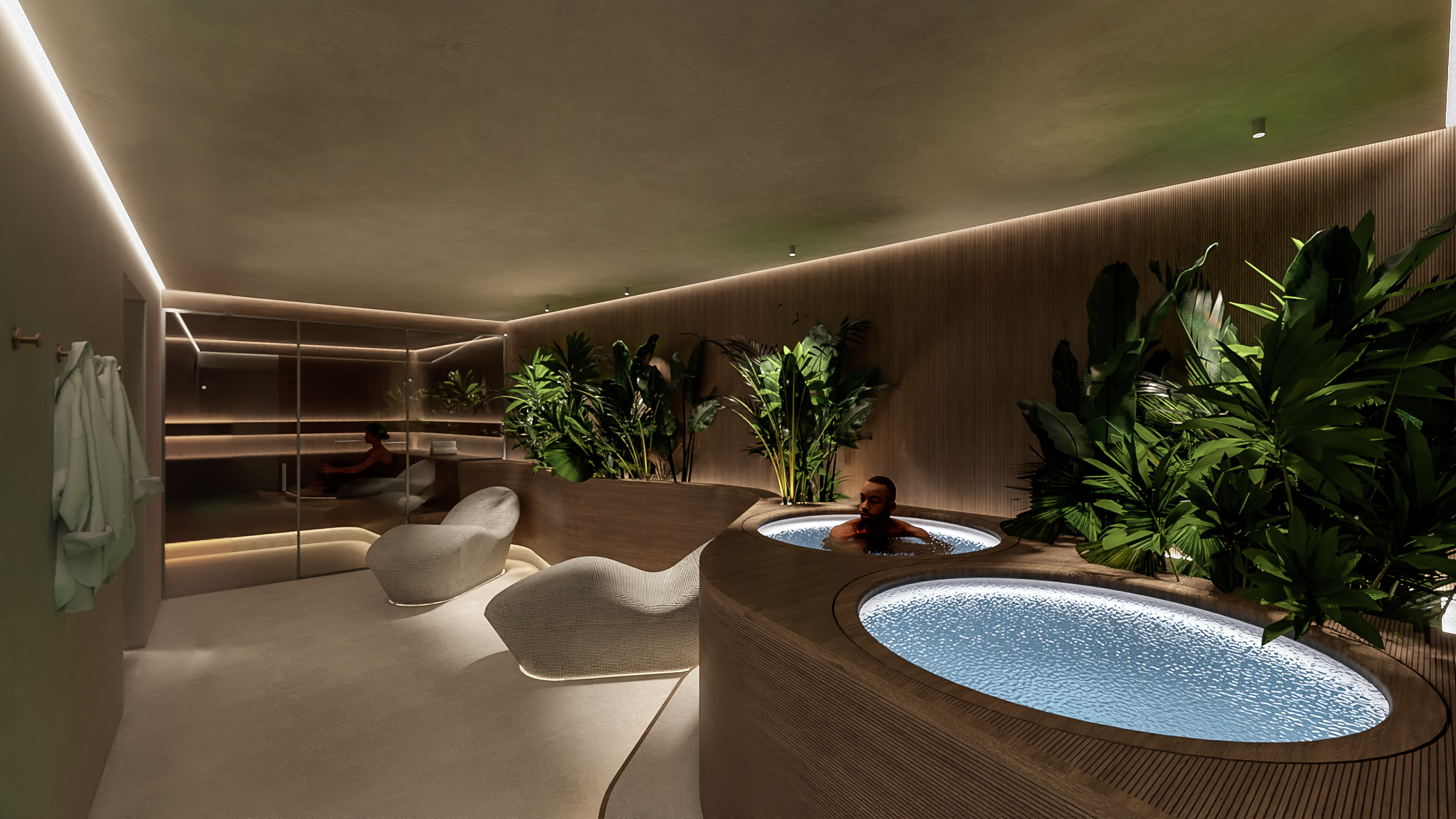 Wellness recovery spa with hot and cold therapy and biophilic design.