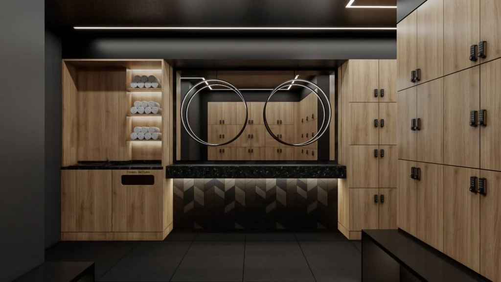 Getting-ready vanity area with circular white lights, a dark bench, and a sleek, modern design.