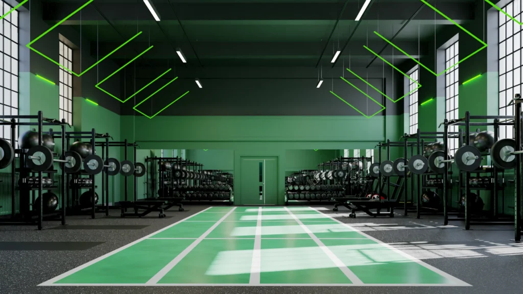 Large strength and conditioning hub featuring multiple squat racks, free weights, and benches, with a central green track light and hanging green lighting features.